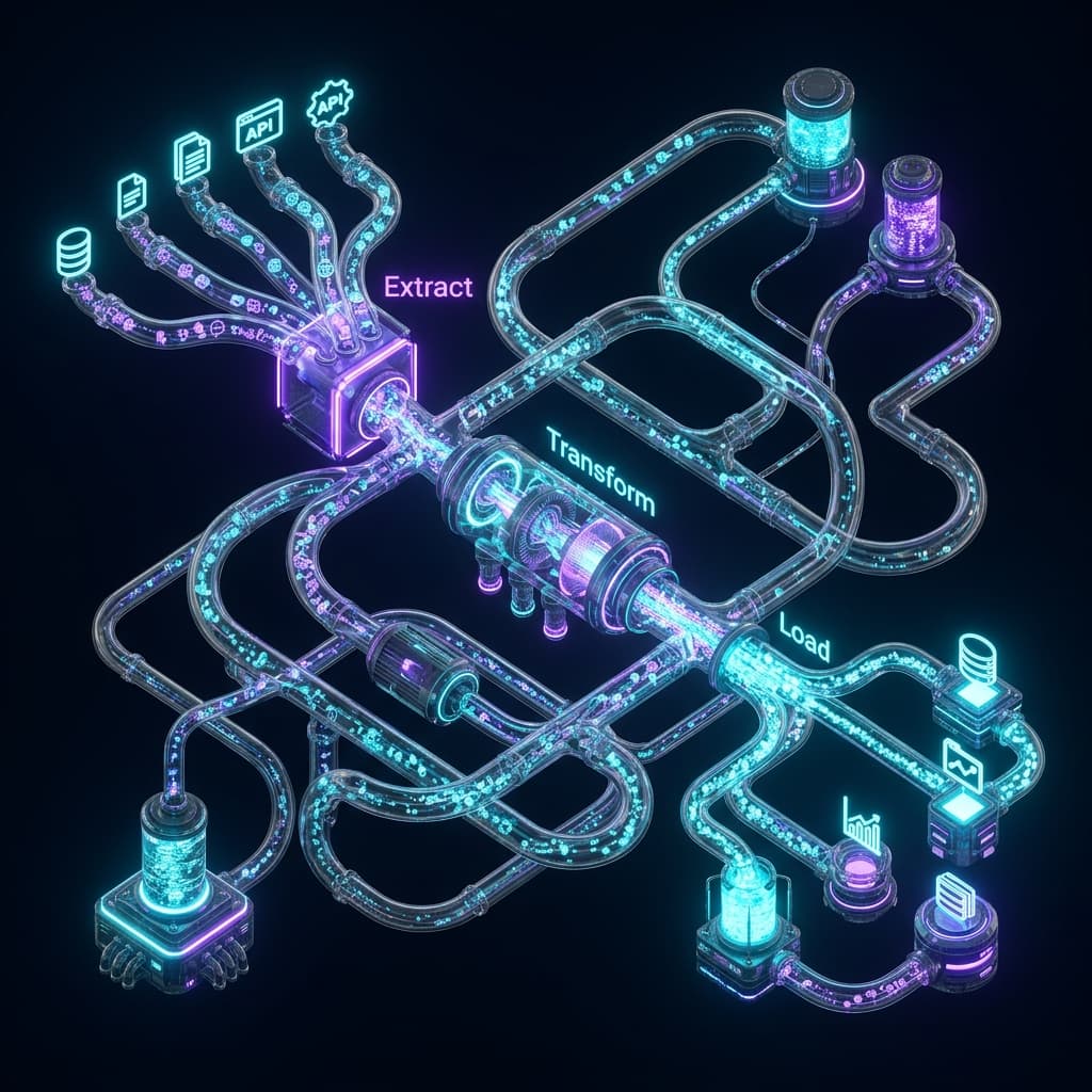 Illustration 3D — Pipelines & Intégration - vos systèmes se parlent, vos données circulent