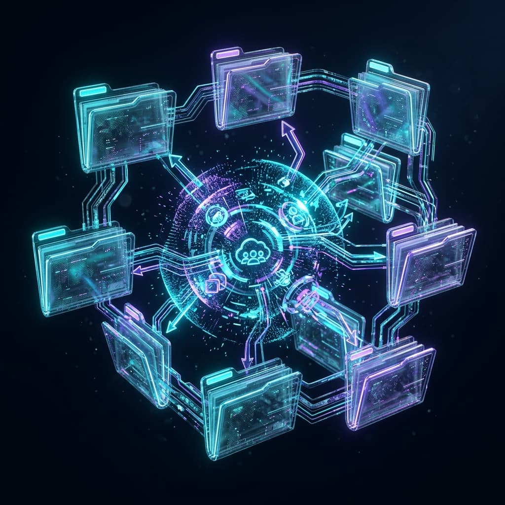 Illustration 3D — SharePoint & Collaboration - vos documents trouvables en 3 clics, sécurisés et partagés